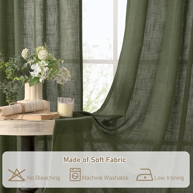 LAMIT Olive Green Semi Sheer Linen Curtains, Light Filtering Panels Back Tab - Image 8