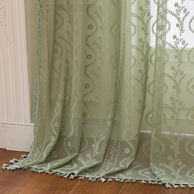 WAZZIO Boho Lace Curtains 2 Panels 84 Inch -Vintage Victorian Sheer Panel Drape - Image 7