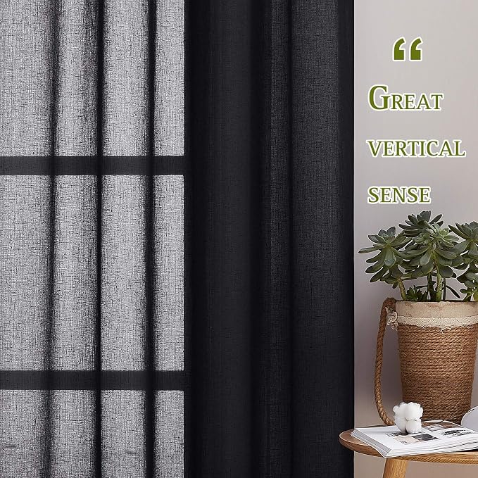 NICETOWN Black Curtains Linen Sheer Textured, Grommet Semi Sheer Linen Blend - Image 4