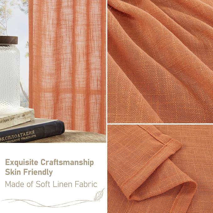 LAMIT Burnt Orange Sheer Linen Curtains 80 inch Length, Light Filtering Linen - Image 6