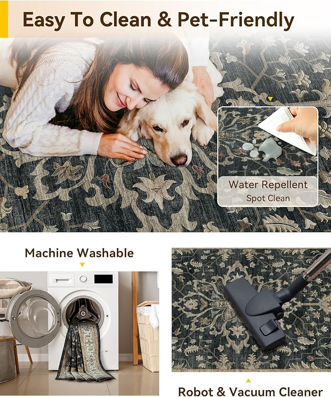 Area Rugs 8'x10' Washable Non-Slip, Floral Vintage Distress Print Pattern - Image 5