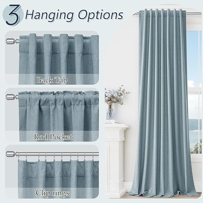 Guken Blue 100% Blackout Linen Curtains 120 Inch Length 2 Panels Set - Image 6