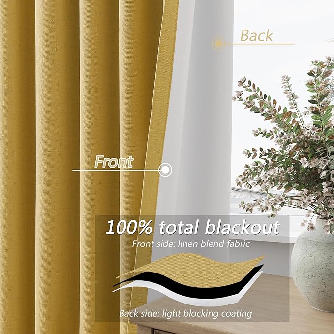 Gold 100% Blackout Linen Curtains 84 Inch Length 2 Panels Set - Image 4