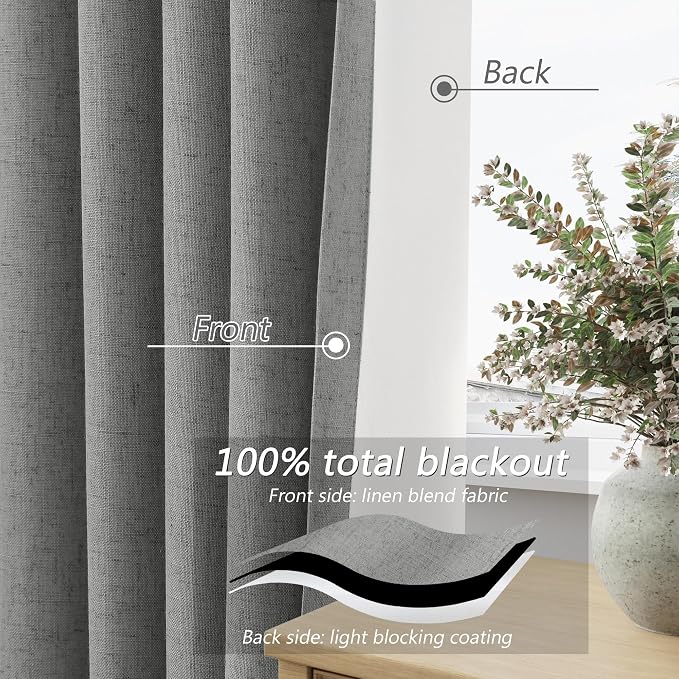 Guken Dark Grey 100% Blackout Linen Curtains 90 Inch Length 2 Panels Set - Image 4