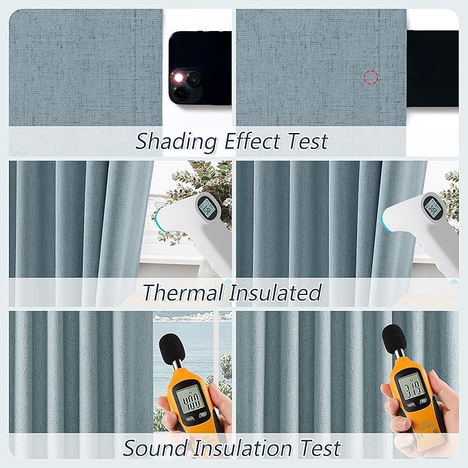 Guken Blue 100% Blackout Linen Curtains 108 Inch Length 2 Panels Set - Image 4