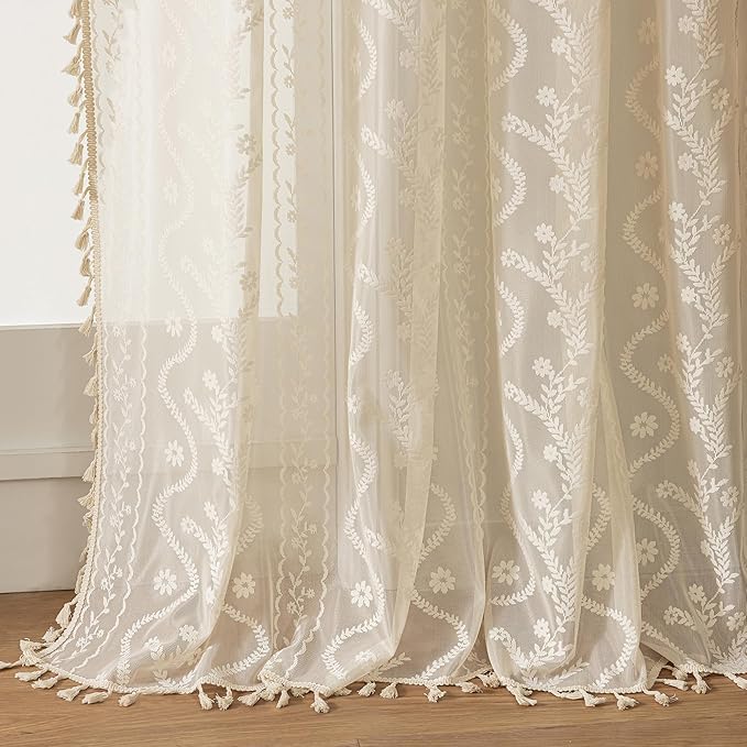 WAZZIO Boho Lace Curtains 2 Panels 54 Inches -Cute Vintage Victorian Sheer by WAZZIO