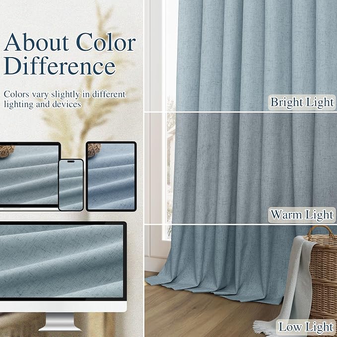 Guken Blue 100% Blackout Linen Curtains 100 Inch Length 2 Panels Set - Image 7