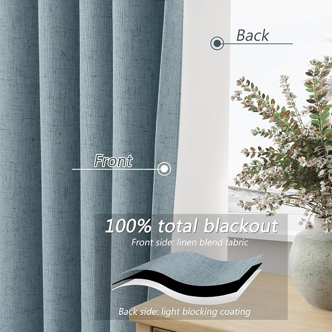 Guken Blue 100% Blackout Linen Curtains 100 Inch Length 2 Panels Set - Image 3
