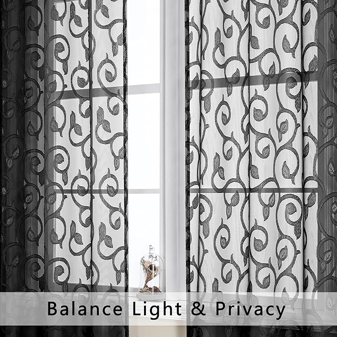 OWENIE Furman Black Sheer Curtains 72 inches Long 2 Panels Set, Light Filtering - Image 3