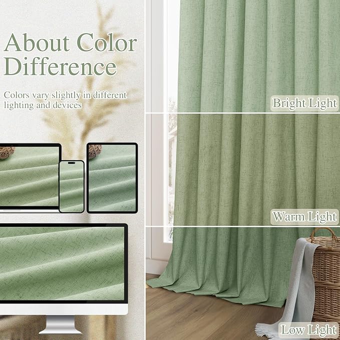 Guken Light Sage 100% Blackout Linen Curtains 96 Inch Length 2 Panels Set - Image 7