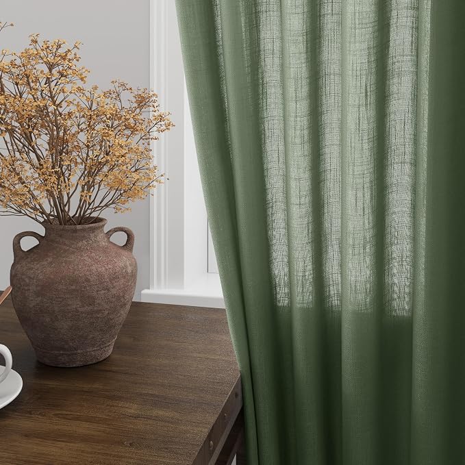 Olive Green Semi Sheer Curtains 108 Inches Long 2 Panels Back Tab Loop Pocket - Image 2
