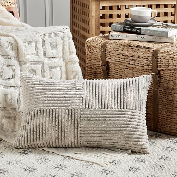 Fancy Homi 2 Packs Neutral Taupe Lumbar Decorative Throw Pillow Covers 12x20 - Image 2