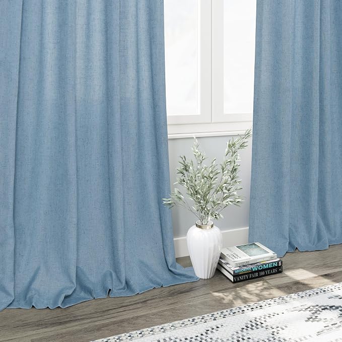 Blue Linen Textured 96 Inch Curtains 2 Panel Set Back Tab Rod Pocket Sheer - Image 6