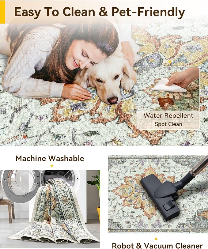 Area Rugs Square 6ft Washable Non-Slip, Floral Vintage Distress Print Pattern - Image 3