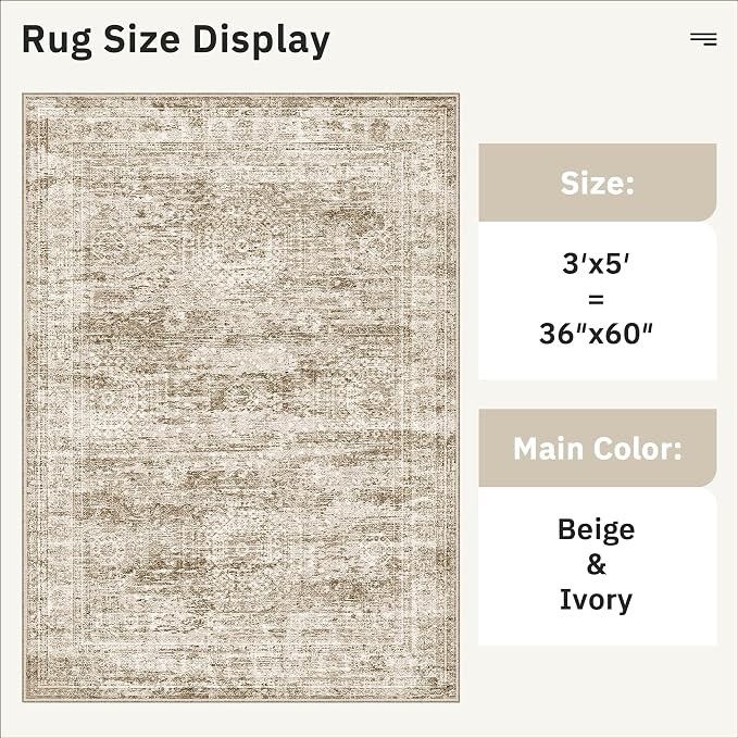 3x5 Rug, Small Area for Kitchen, Machine Washable Non-Slip Throw Rug, Vintage - Image 5