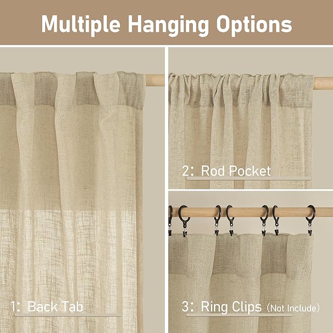 LAMIT Sheer Linen Curtains 63 Inches Long, Semi Sheer Light Filtering Panels - Image 3