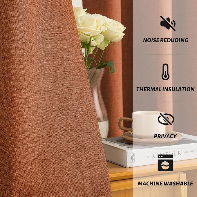 Yakamok Burnt Orange Linen Curtains 100% Blackout 96 Inches Long, Room - Image 5