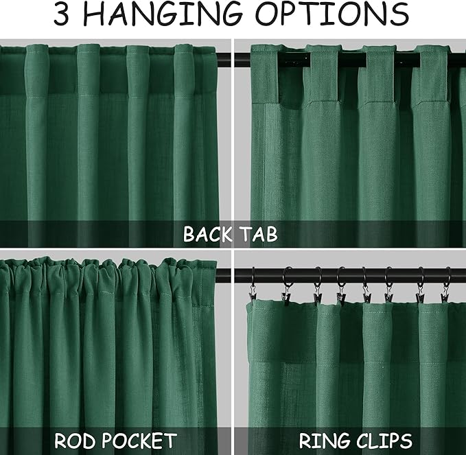 Nanspring Dark Green Linen Curtains 96 Inches Long 2 Panels Set - Image 2