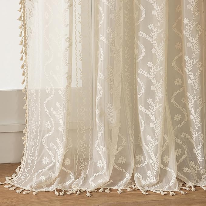 WAZZIO Boho Lace Curtains 2 Panels 90 Inches -Cute Vintage Victorian Sheer by WAZZIO
